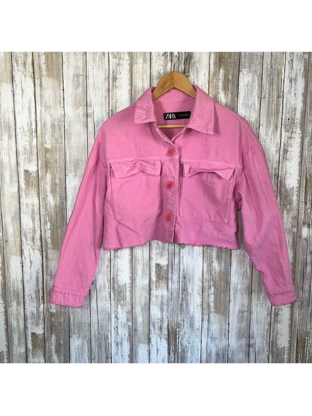 Zara Pink Cropped Denim Jacket Raw Hem Boxy Utility Jean Jacket Women’s S - Picture 2 of 8